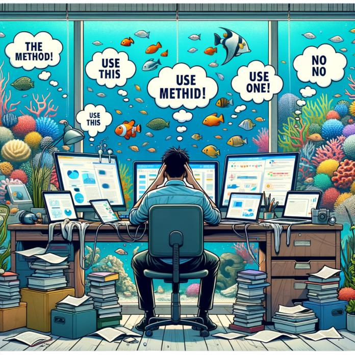 illustration of A person sitting at a desk with multiple screens, books, and devices scattered around them, looking overwhelmed and stressed. Above them, thought bubbles show conflicting pieces of advice from different sources, such as "Use this method!" and "No, use this one!" In the background, a serene aquarium with healthy corals and fish represents the goal they are striving for but struggling to achieve due to information overload., modern design, for the web, cute, happy, 4k, high resolution, trending in artstation